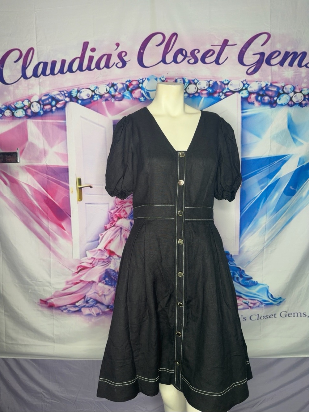 Karl Lagerfeld Black Button-Front Puff Sleeve Midi Dress